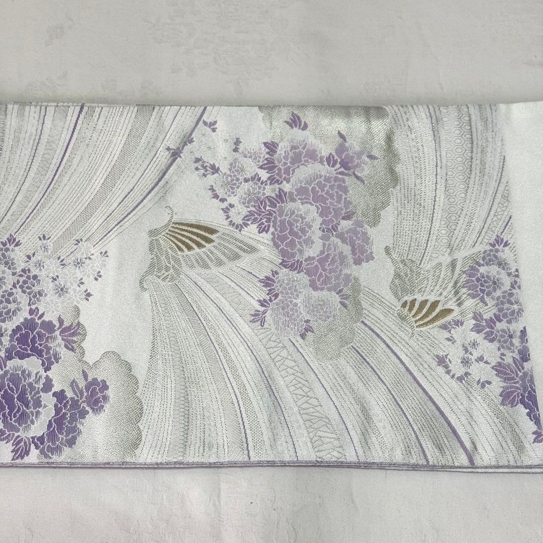【袋帯】　洗える　白色　紫色　シルバー　蝶　 クリアホワイト　モダン　K