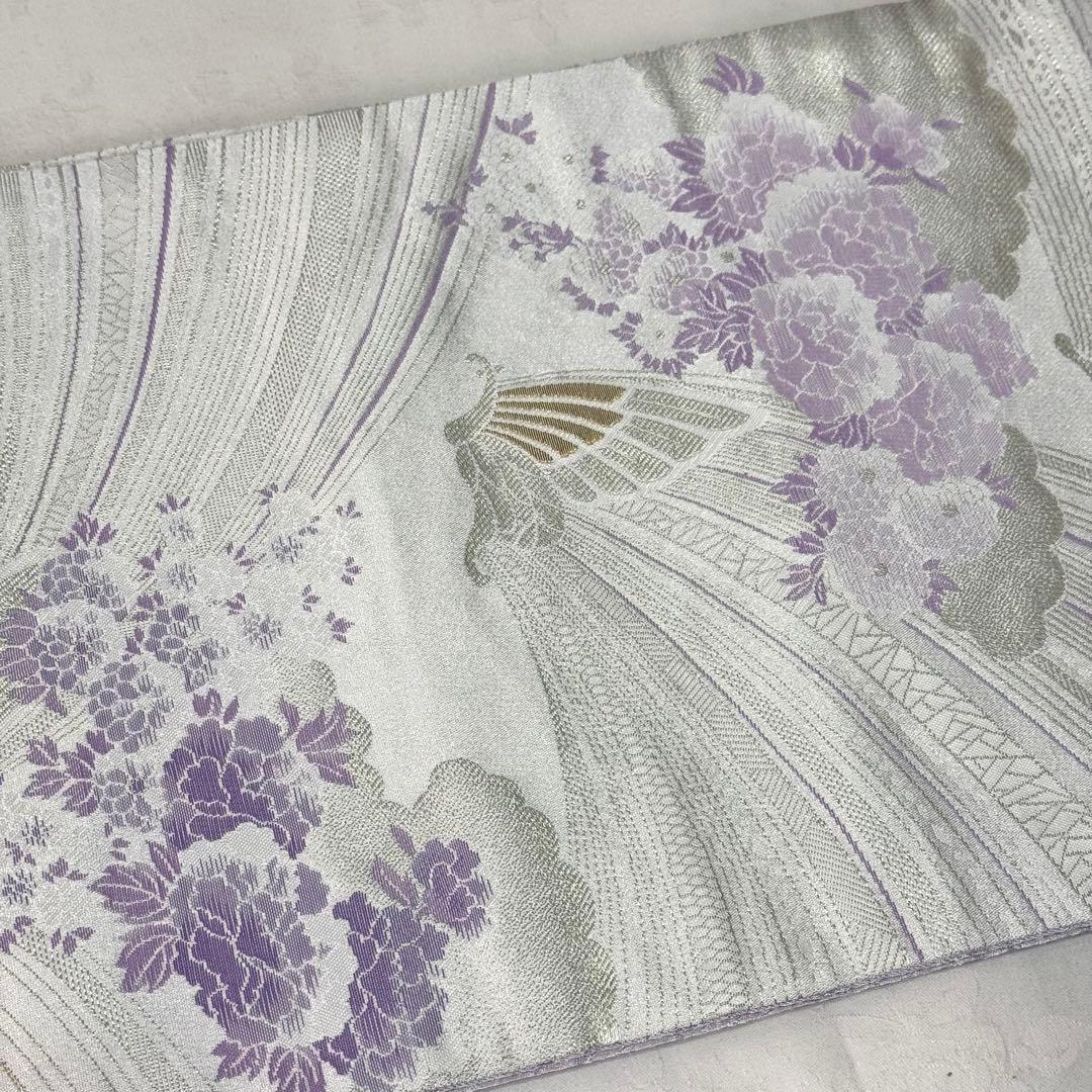 【袋帯】　洗える　白色　紫色　シルバー　蝶　 クリアホワイト　モダン　K
