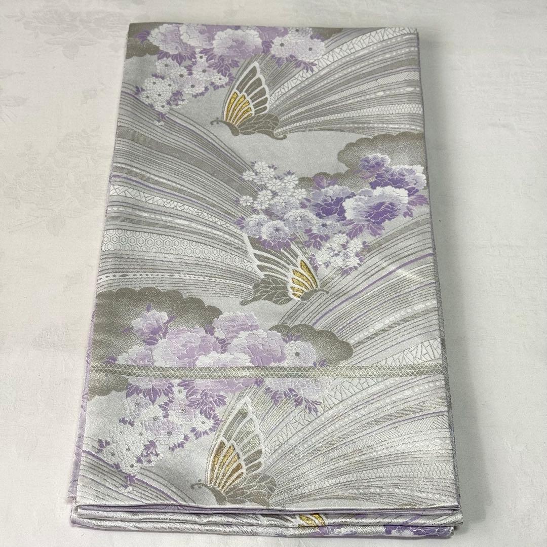 【袋帯】　洗える　白色　紫色　シルバー　蝶　 クリアホワイト　モダン　K