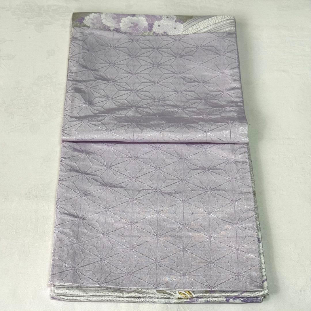 【袋帯】　洗える　白色　紫色　シルバー　蝶　 クリアホワイト　モダン　K