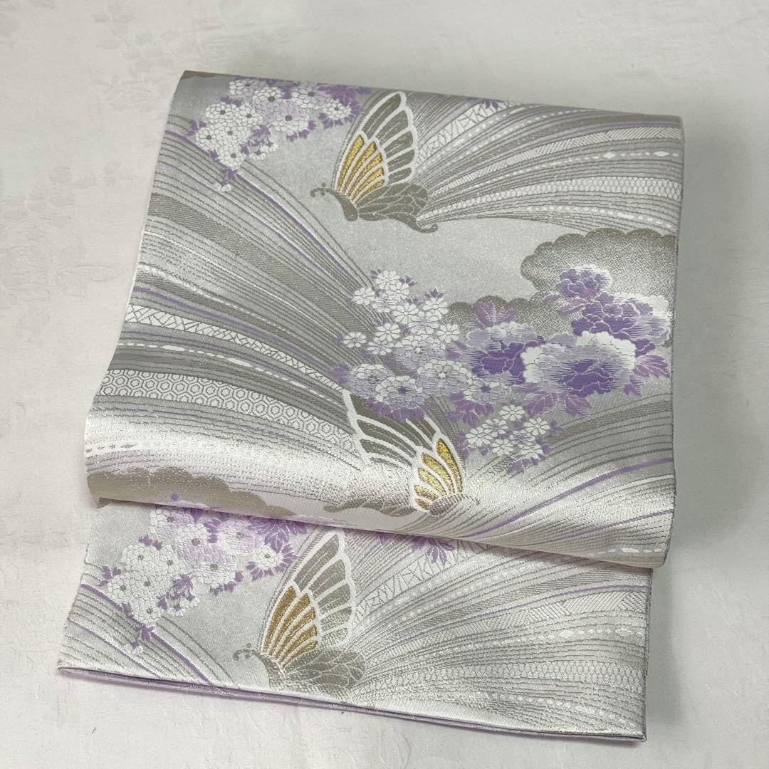 【袋帯】　洗える　白色　紫色　シルバー　蝶　 クリアホワイト　モダン　K