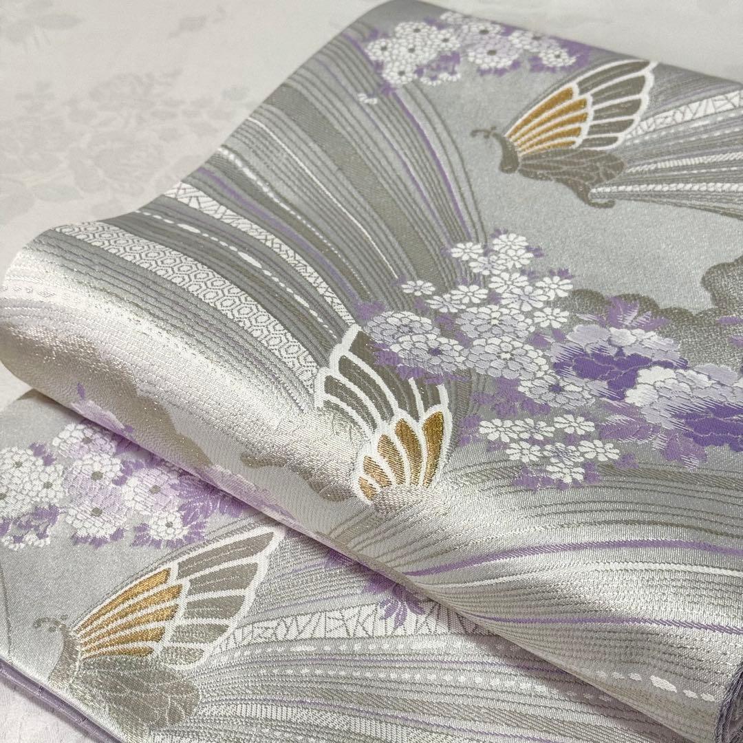 【袋帯】　洗える　白色　紫色　シルバー　蝶　 クリアホワイト　モダン　K