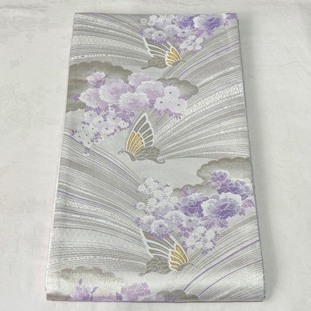 【袋帯】　洗える　白色　紫色　シルバー　蝶　 クリアホワイト　モダン　K