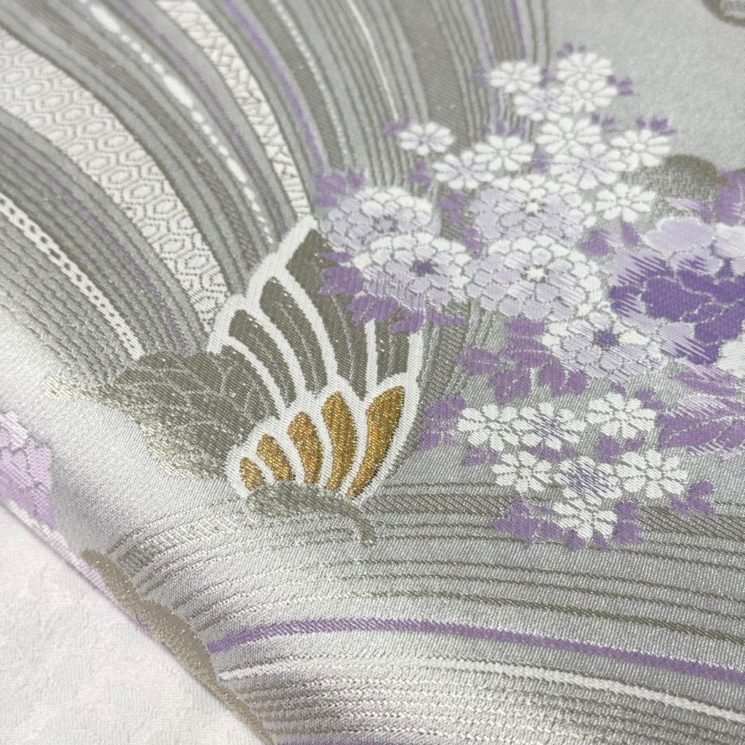 【袋帯】　洗える　白色　紫色　シルバー　蝶　 クリアホワイト　モダン　K