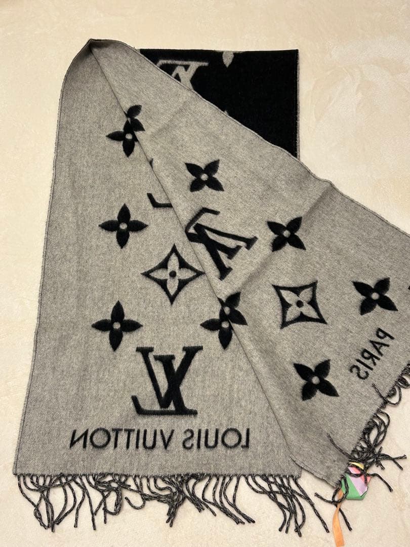 ルイヴィトン カシミア レイキャビック グレー×ブラック モノグラム マフラー