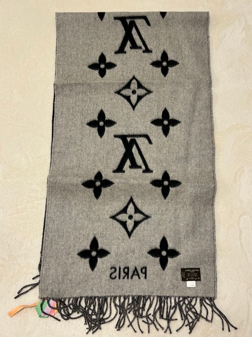 ルイヴィトン カシミア レイキャビック グレー×ブラック モノグラム マフラー