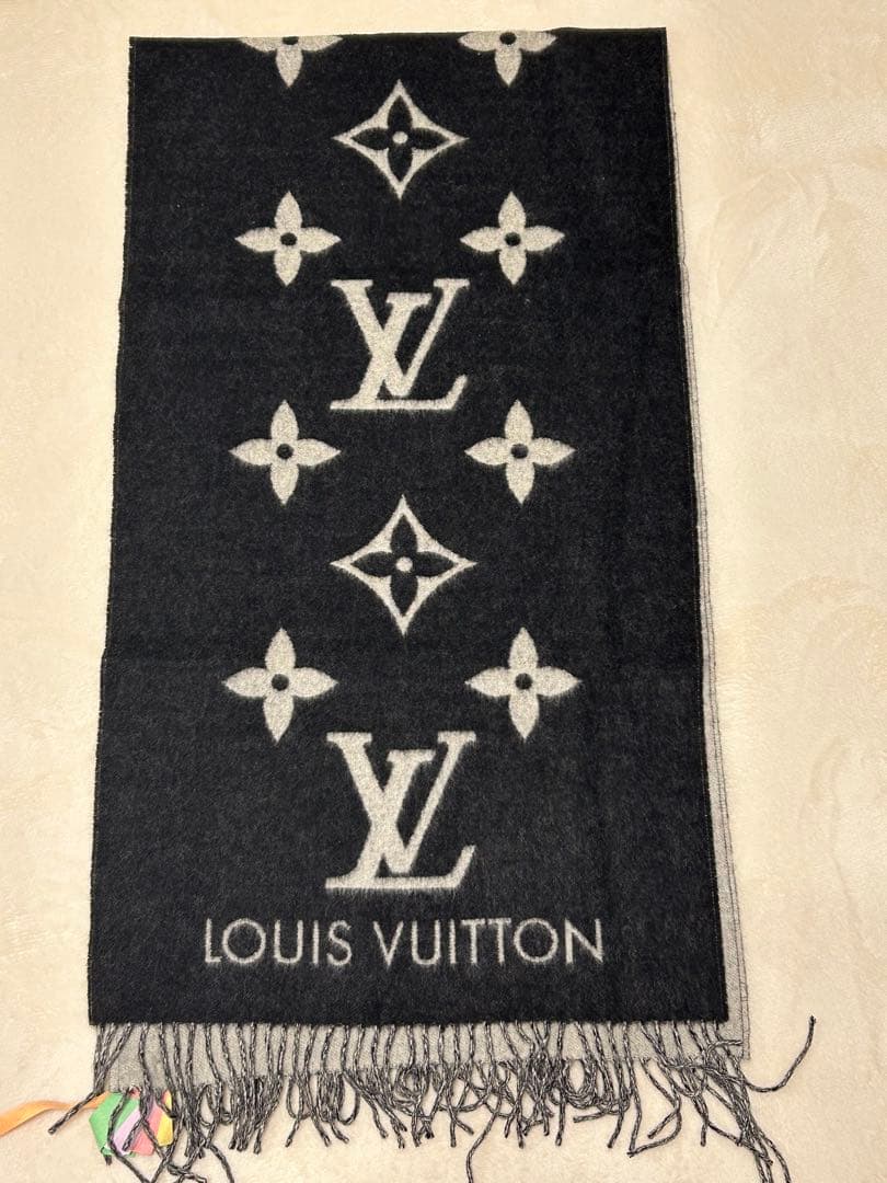 ルイヴィトン カシミア レイキャビック グレー×ブラック モノグラム マフラー