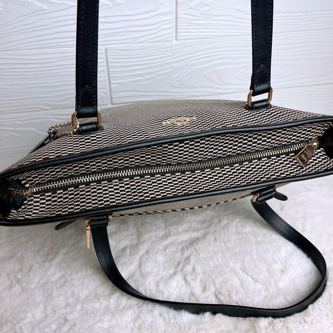 未使用級☆COACHコーチ トートバッグ 格子柄 キャンバス レザー ブラック
