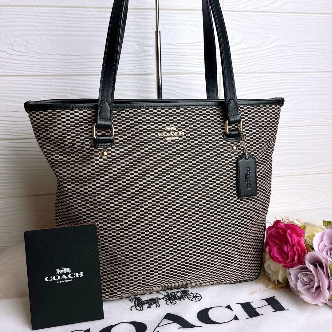 未使用級☆COACHコーチ トートバッグ 格子柄 キャンバス レザー ブラック