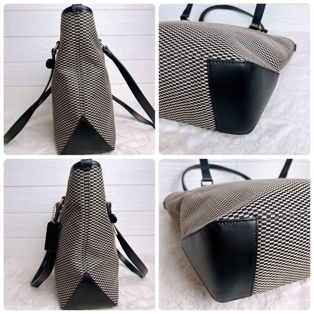 未使用級☆COACHコーチ トートバッグ 格子柄 キャンバス レザー ブラック