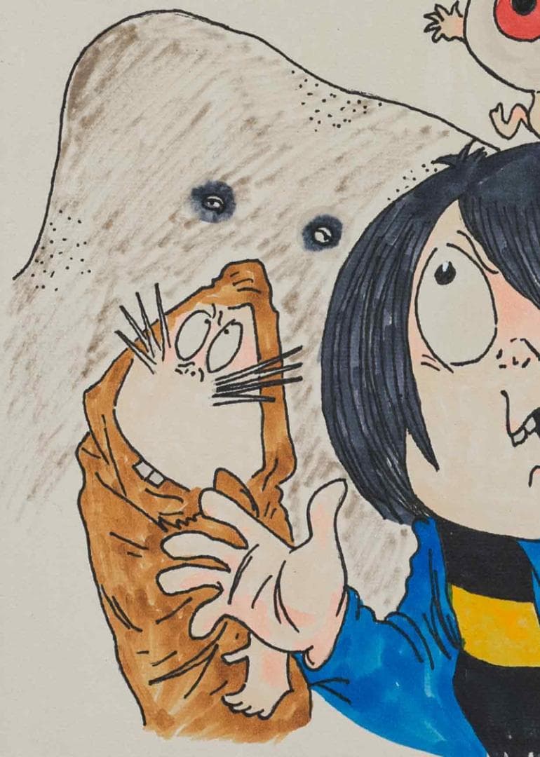 水木しげる　水彩　肉筆『鬼太郎と仲間達』表サイン(印譜)　色紙　額無/b466