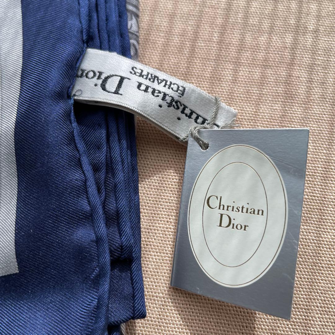 Christian Dior 装飾的 シルクスカーフ ネイビー108㎝