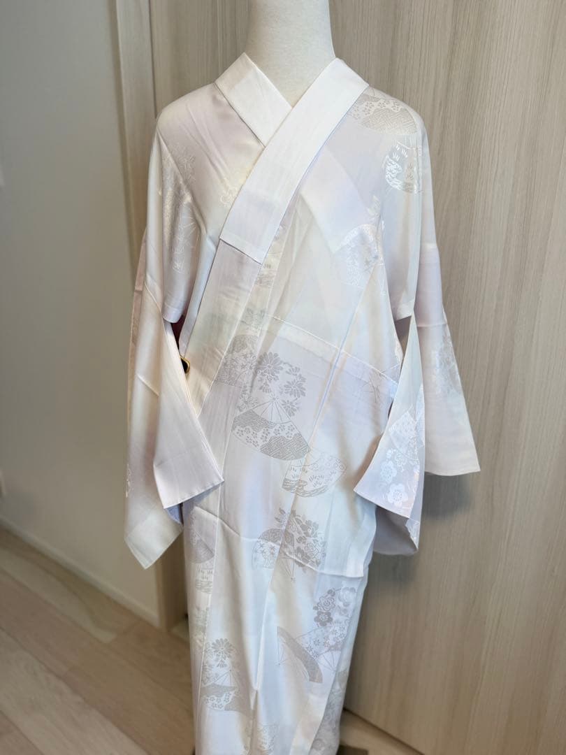J51 新品正絹単衣長襦袢　無双袖　薄紫　半衿＆衣紋抜き付き　扇に花丸紋模様