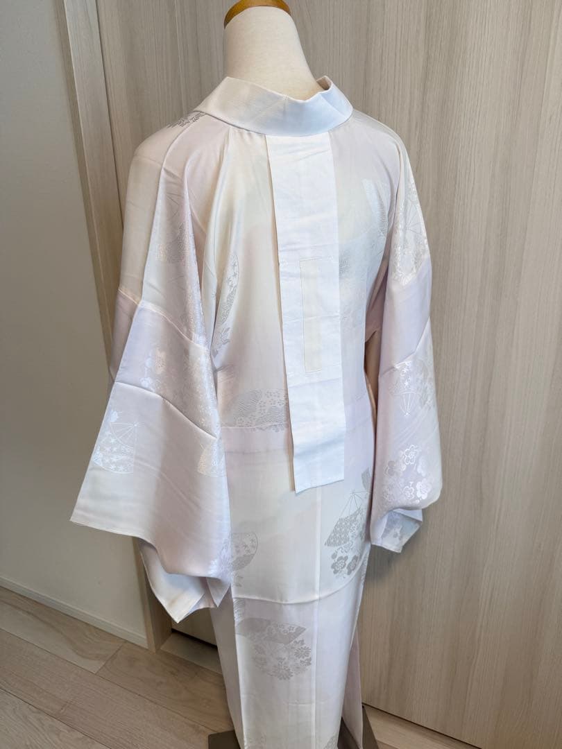 J51 新品正絹単衣長襦袢　無双袖　薄紫　半衿＆衣紋抜き付き　扇に花丸紋模様