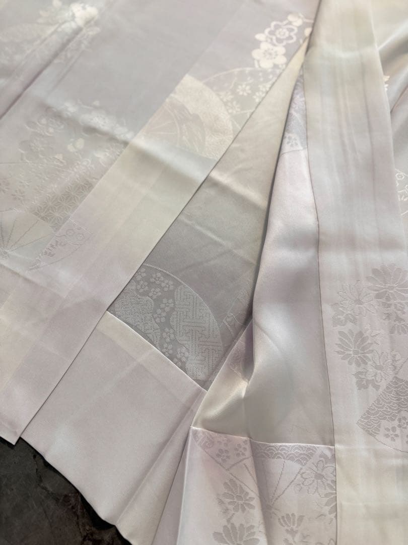 J51 新品正絹単衣長襦袢　無双袖　薄紫　半衿＆衣紋抜き付き　扇に花丸紋模様