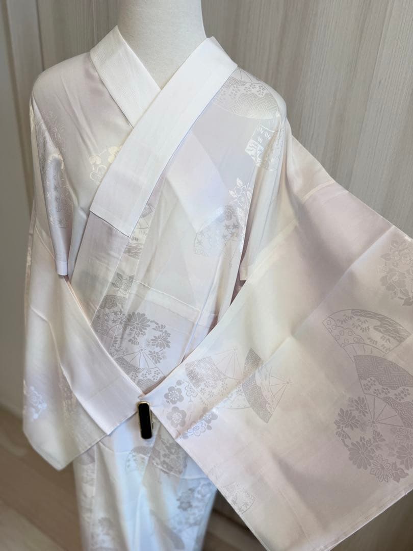 J51 新品正絹単衣長襦袢　無双袖　薄紫　半衿＆衣紋抜き付き　扇に花丸紋模様