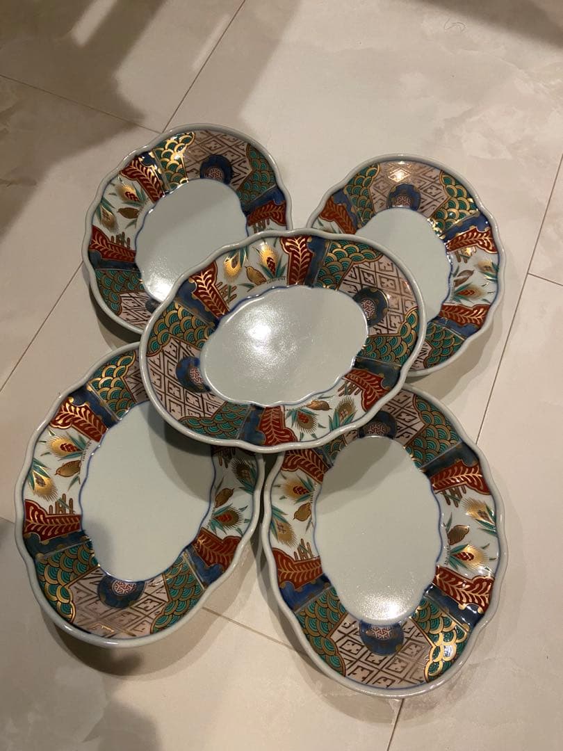 美品　長春富貴　伊万里　取り皿　古伊万里　菱形　金彩色絵　豪華　5枚セット