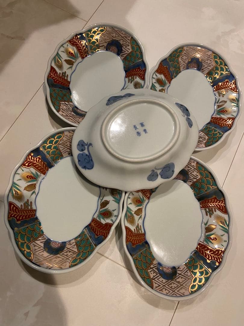 美品　長春富貴　伊万里　取り皿　古伊万里　菱形　金彩色絵　豪華　5枚セット