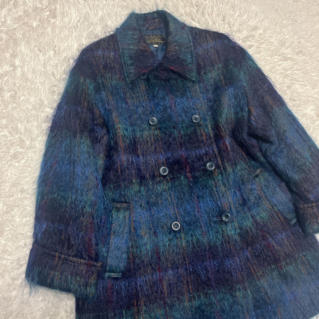 Leilian レリアン モヘヤ シャギーコート チェック ダブル 9号