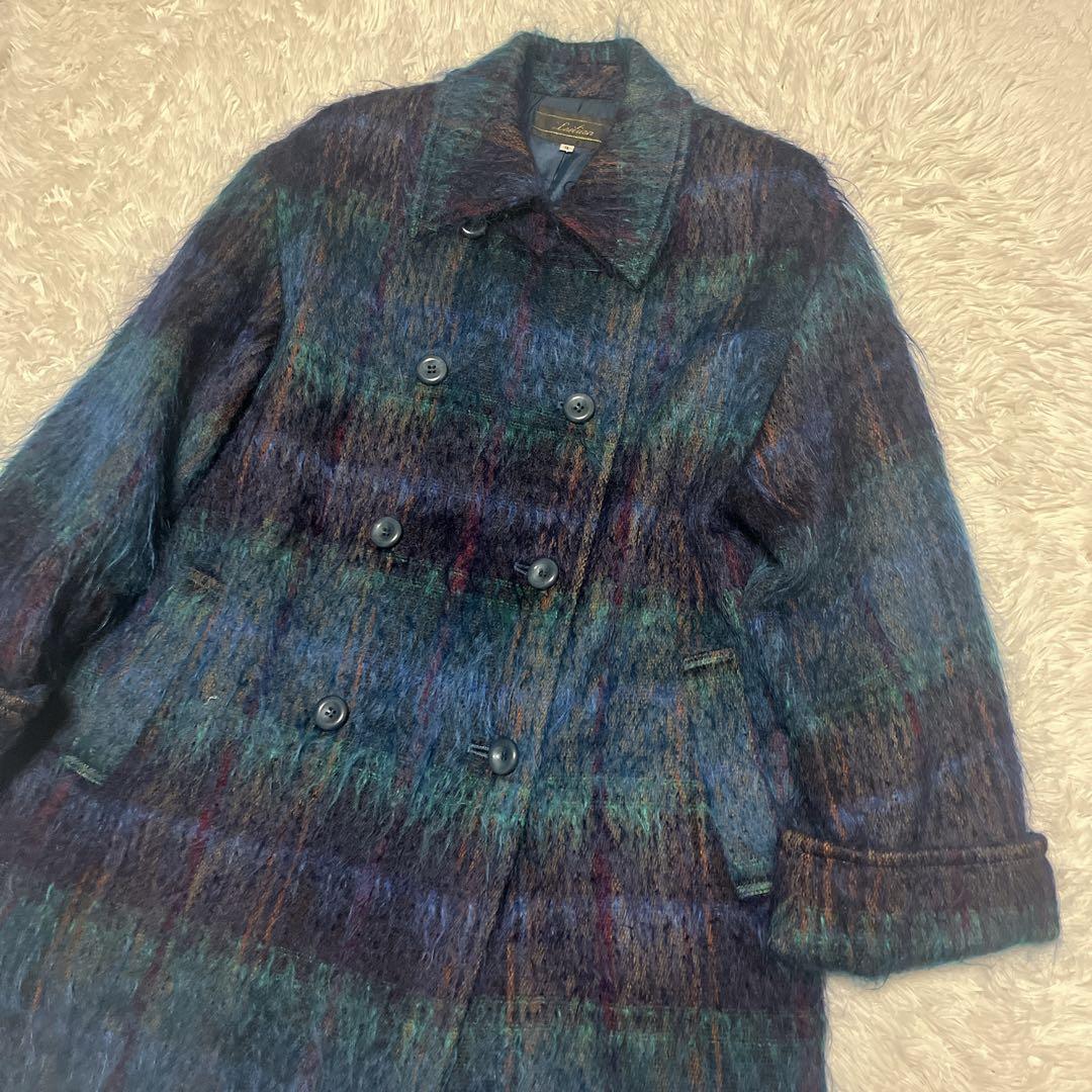 Leilian レリアン モヘヤ シャギーコート チェック ダブル 9号