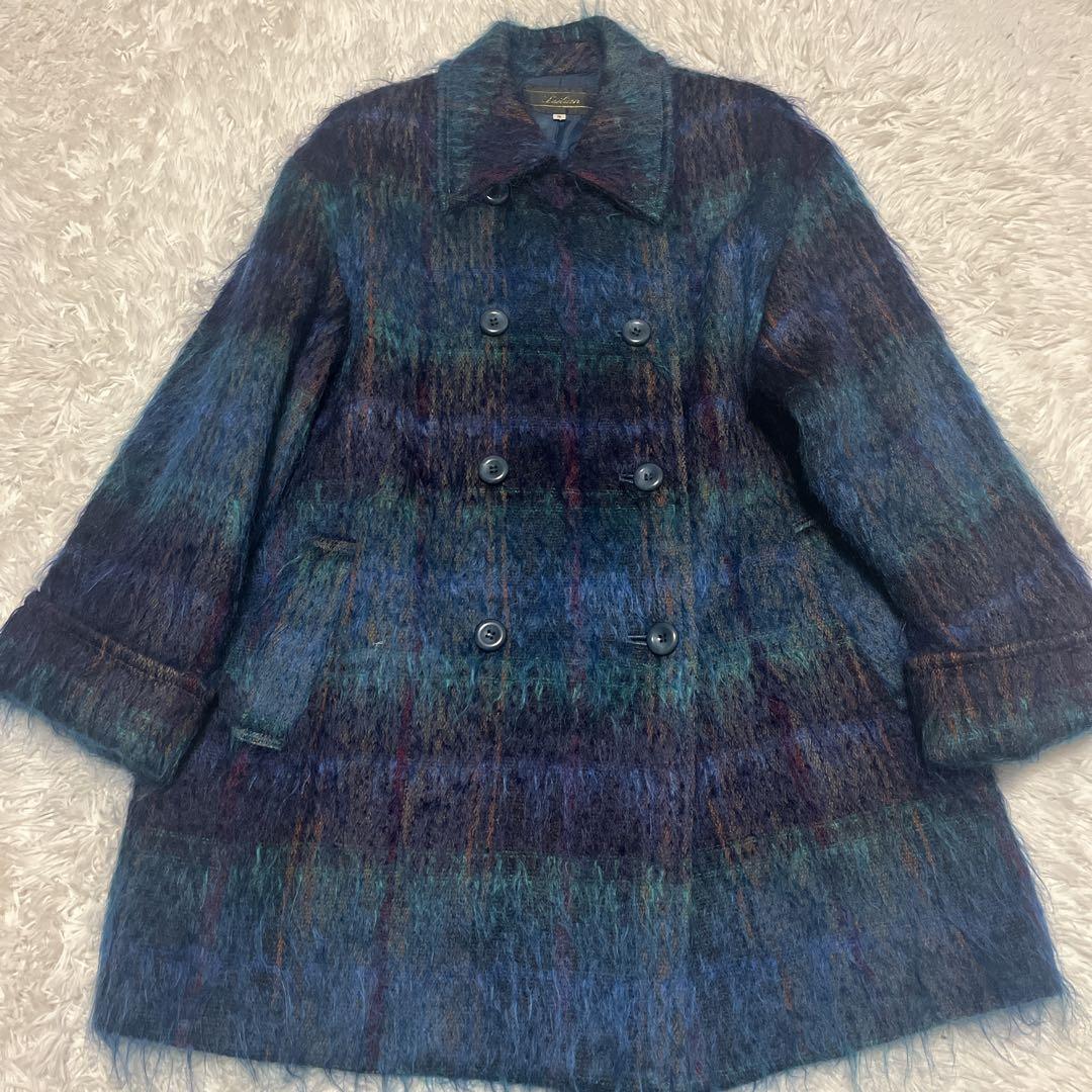 Leilian レリアン モヘヤ シャギーコート チェック ダブル 9号