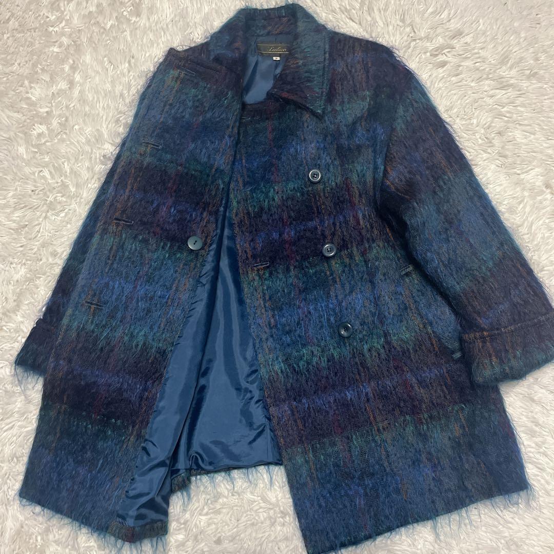 Leilian レリアン モヘヤ シャギーコート チェック ダブル 9号