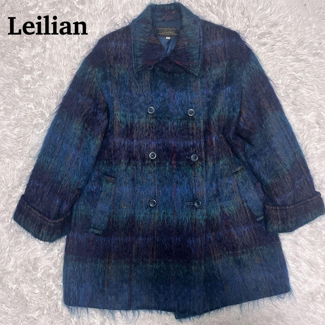 Leilian レリアン モヘヤ シャギーコート チェック ダブル 9号