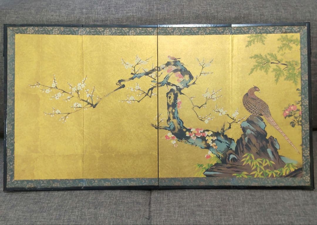 日本画 梅に山鳥図 屏風