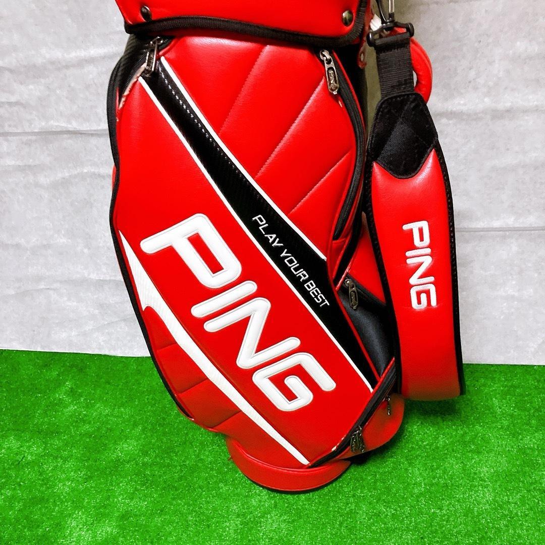 PING ゴルフ キャディバッグ レッド 9型 5分割 カート式 PUレザー