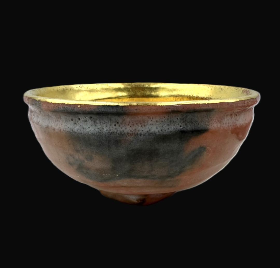 未使用品 嶋台茶碗 松楽作 金色 銀色 茶碗2個 楽焼き 楽茶碗 共布 共箱入り