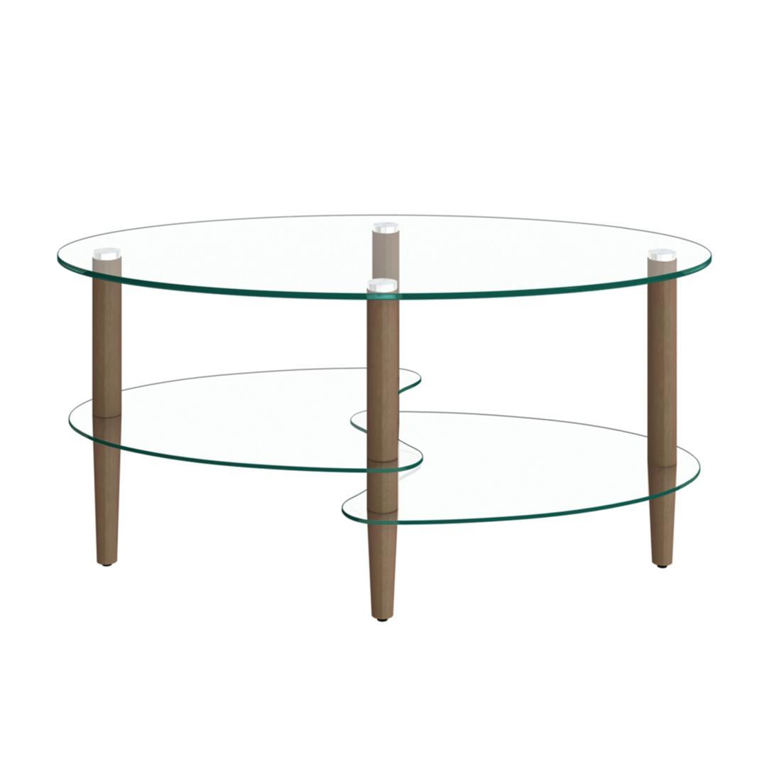 楕円形コーヒーテーブル 透明3段天板 オーク材脚 モダンリビングテーブル