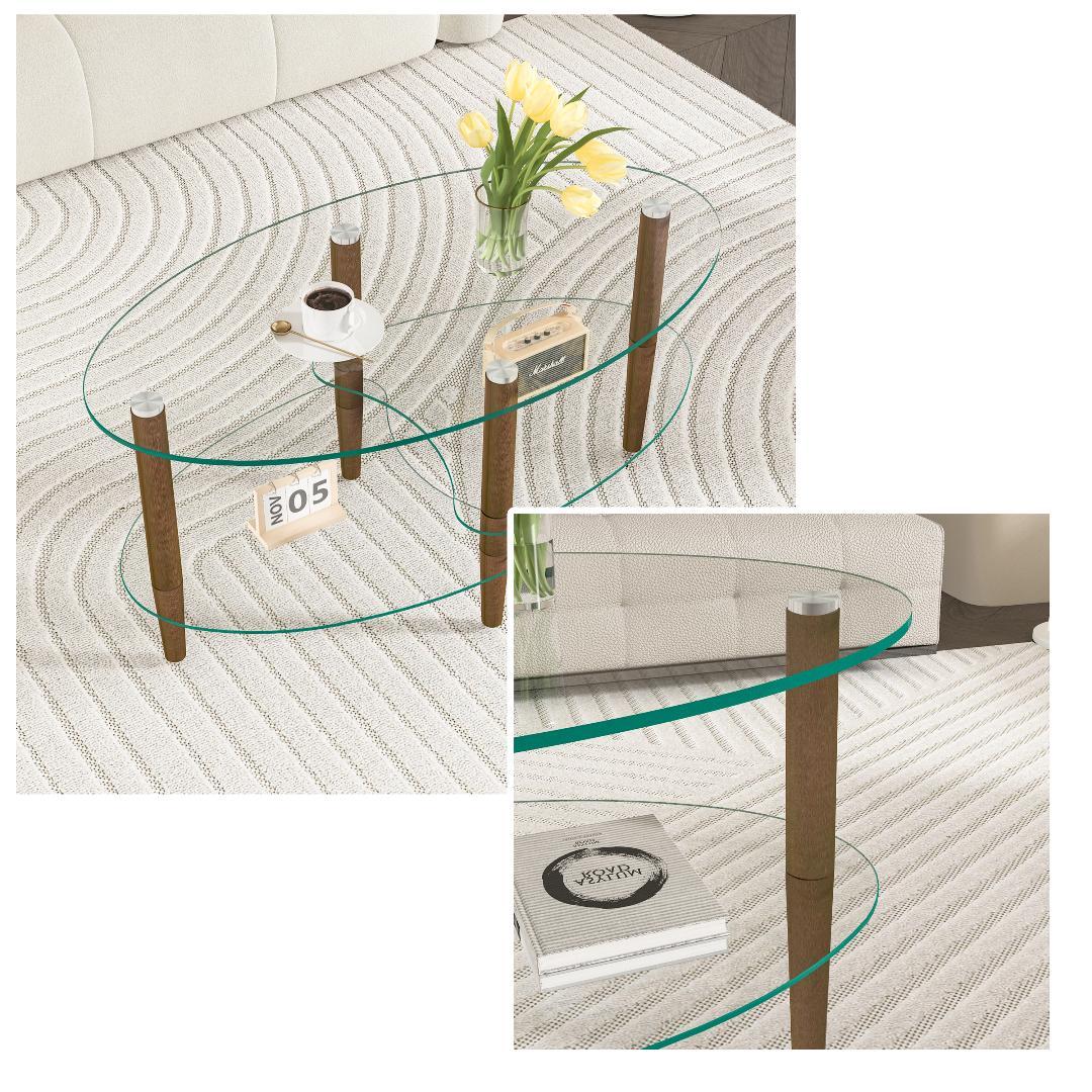 楕円形コーヒーテーブル 透明3段天板 オーク材脚 モダンリビングテーブル