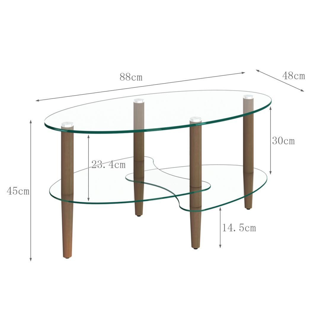 楕円形コーヒーテーブル 透明3段天板 オーク材脚 モダンリビングテーブル