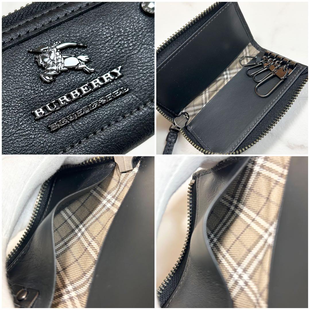 極美品 バーバリー キーケース キーホルダー レザー チェック ブラック