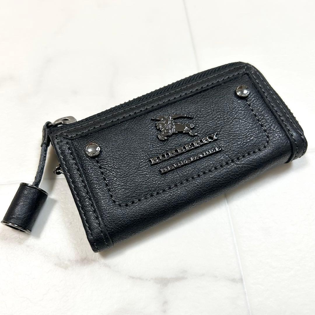 極美品 バーバリー キーケース キーホルダー レザー チェック ブラック