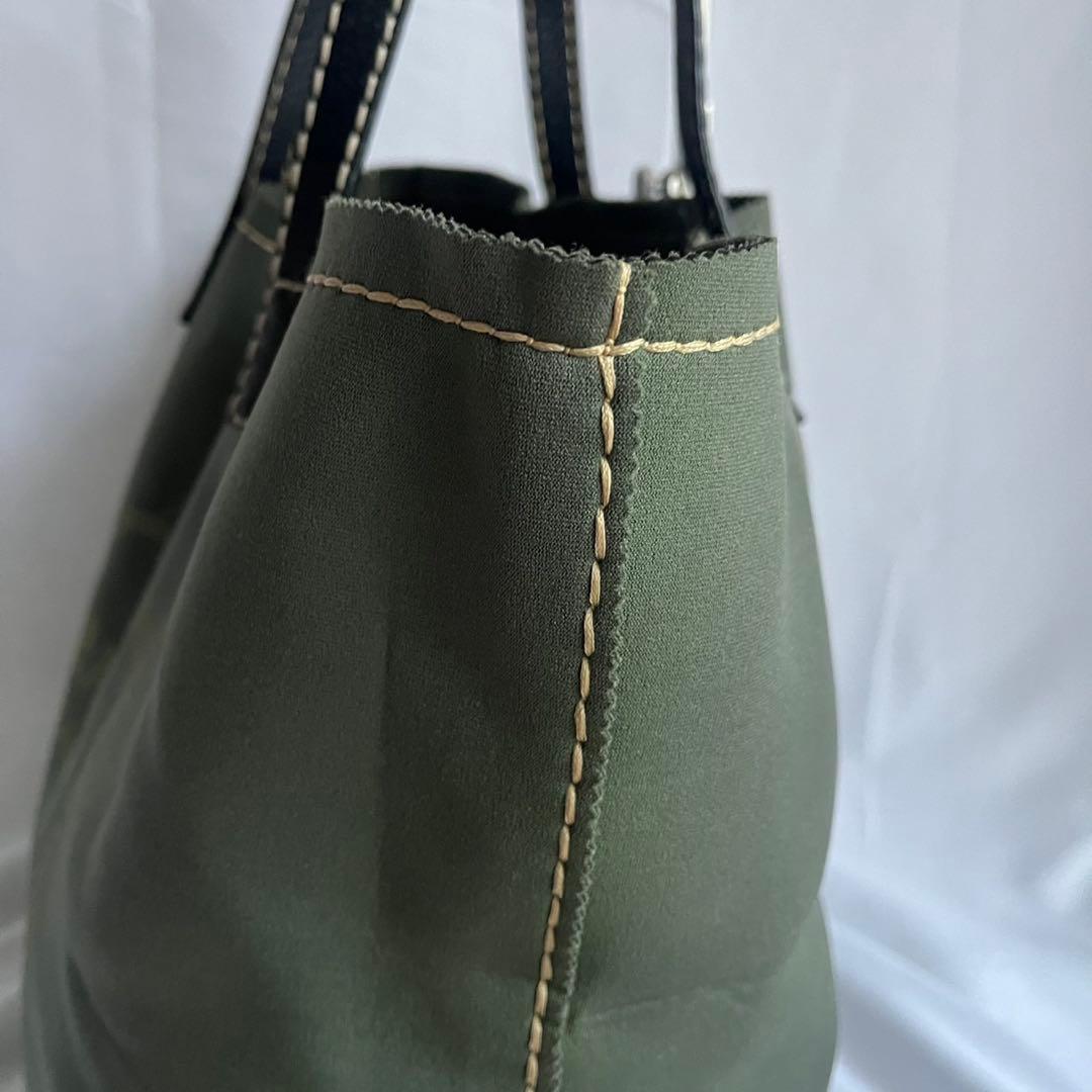 ■良品■ PRADA トートバッグ　白タグ　ジャージ素材　レザー　カーキ