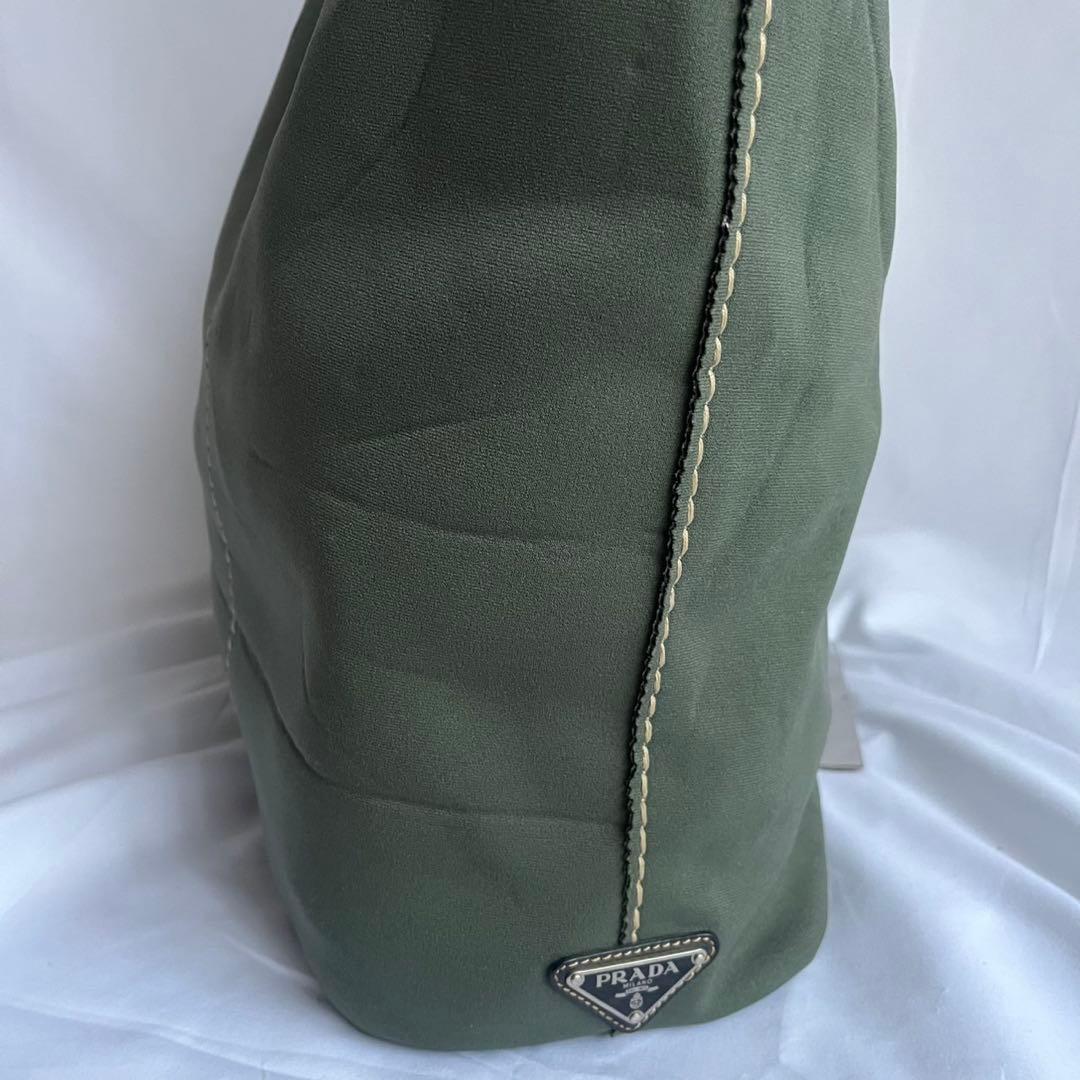 ■良品■ PRADA トートバッグ　白タグ　ジャージ素材　レザー　カーキ