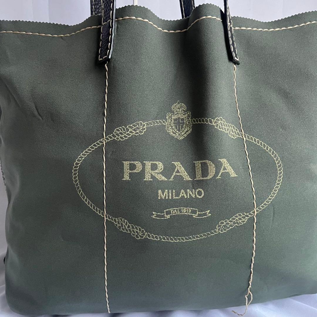 ■良品■ PRADA トートバッグ　白タグ　ジャージ素材　レザー　カーキ