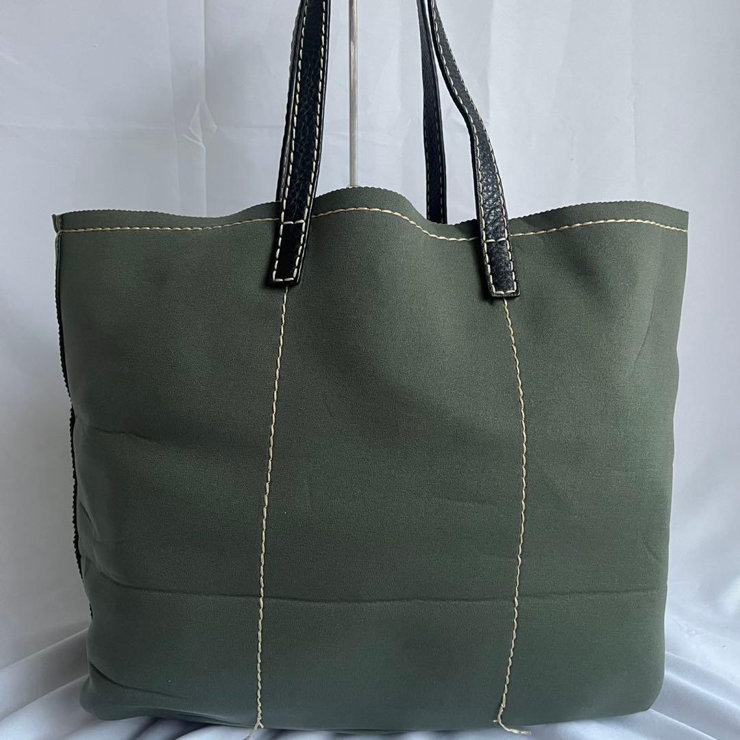 ■良品■ PRADA トートバッグ　白タグ　ジャージ素材　レザー　カーキ