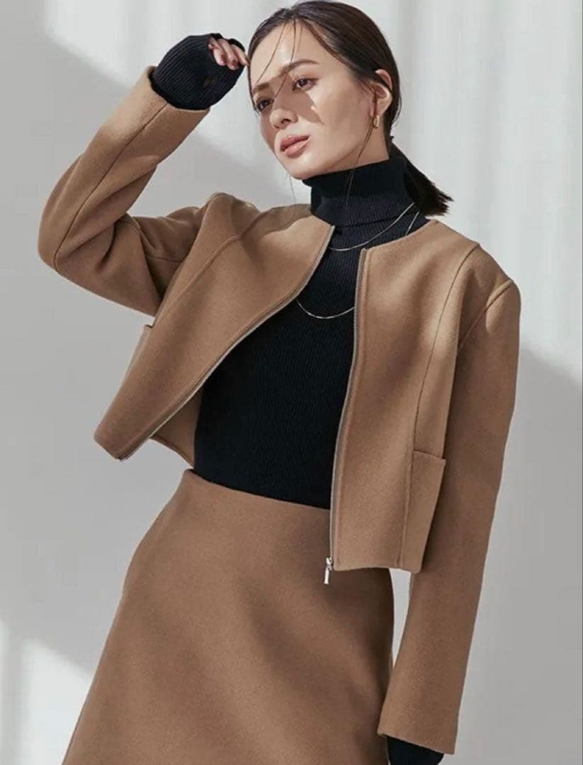 anuans ウールダブルクロスリバーショートジャケット　ノーカラージャケット