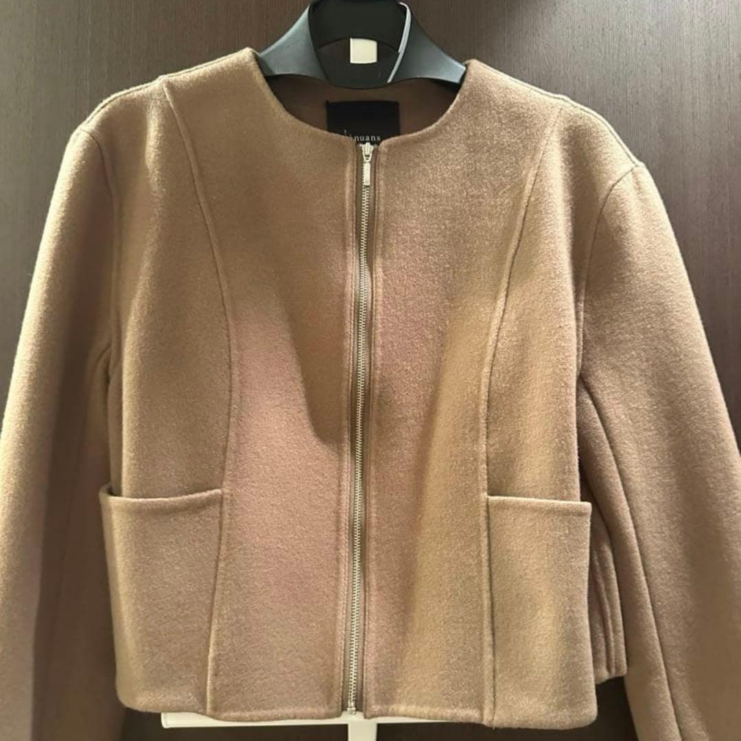 anuans ウールダブルクロスリバーショートジャケット　ノーカラージャケット