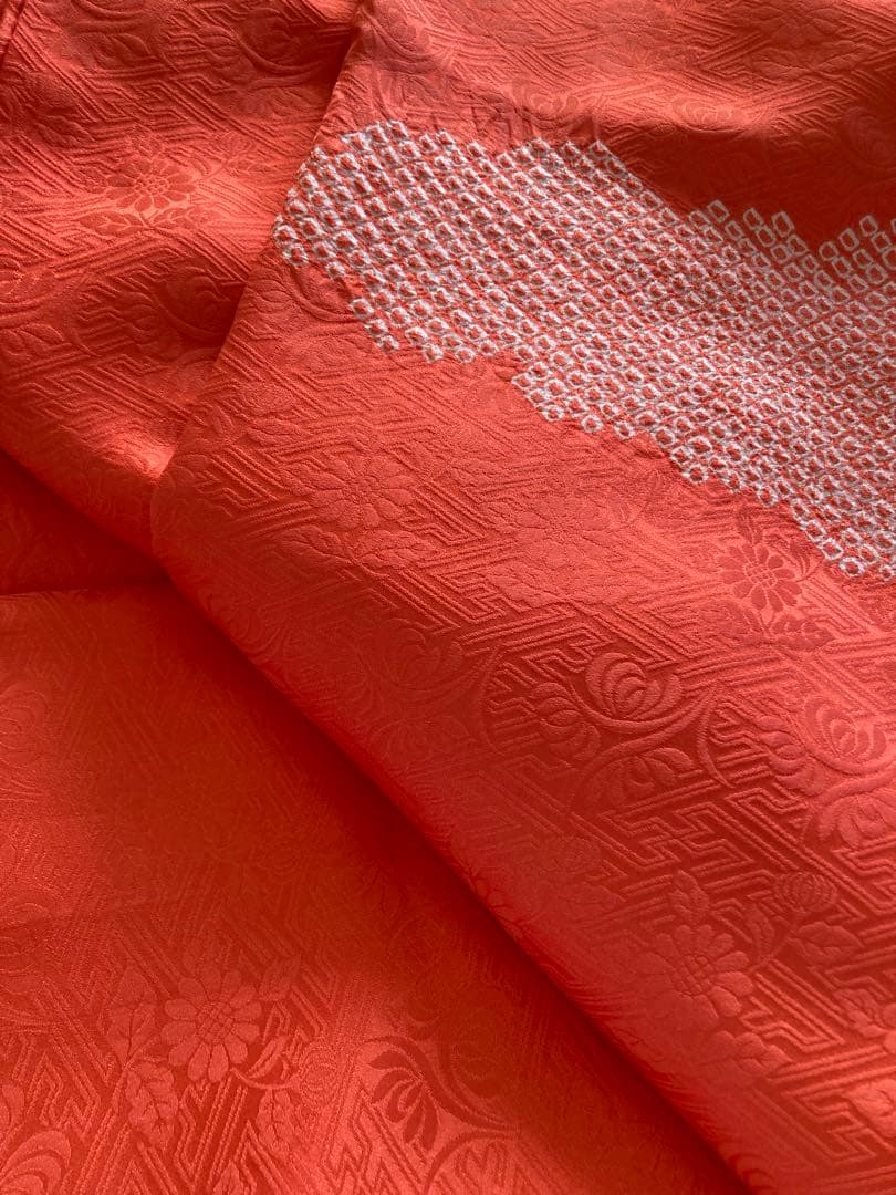 【振袖用長襦袢】美品 絞り 朱赤 袷 トールサイズ １３６ｃｍ＊裄６８