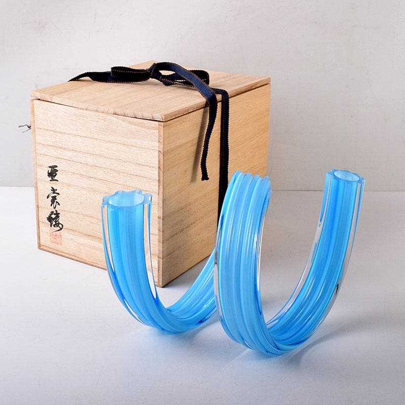 モダンアート　ガラス工芸　二口パイプ形　花入　共箱　8217