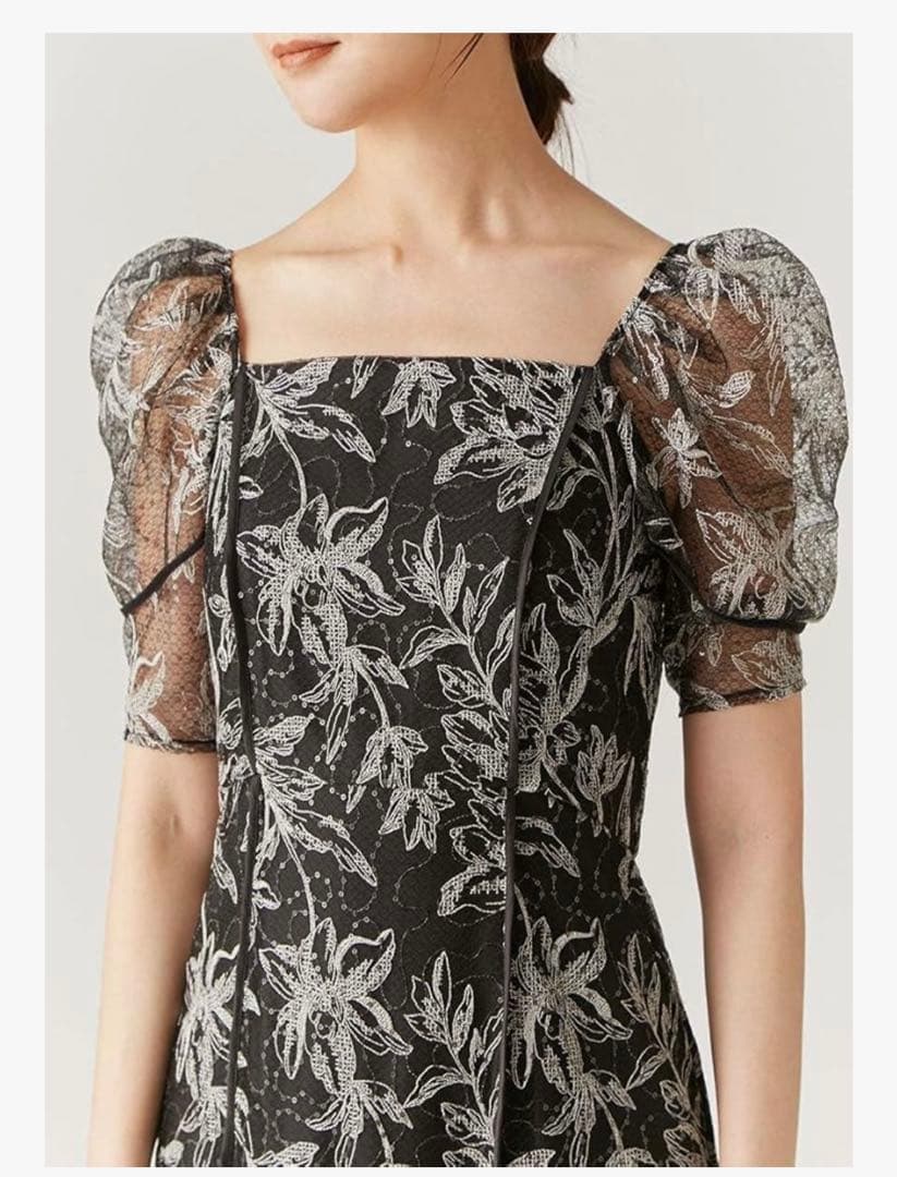 【美品】フラワー刺繍パフスリーブマキシドレス