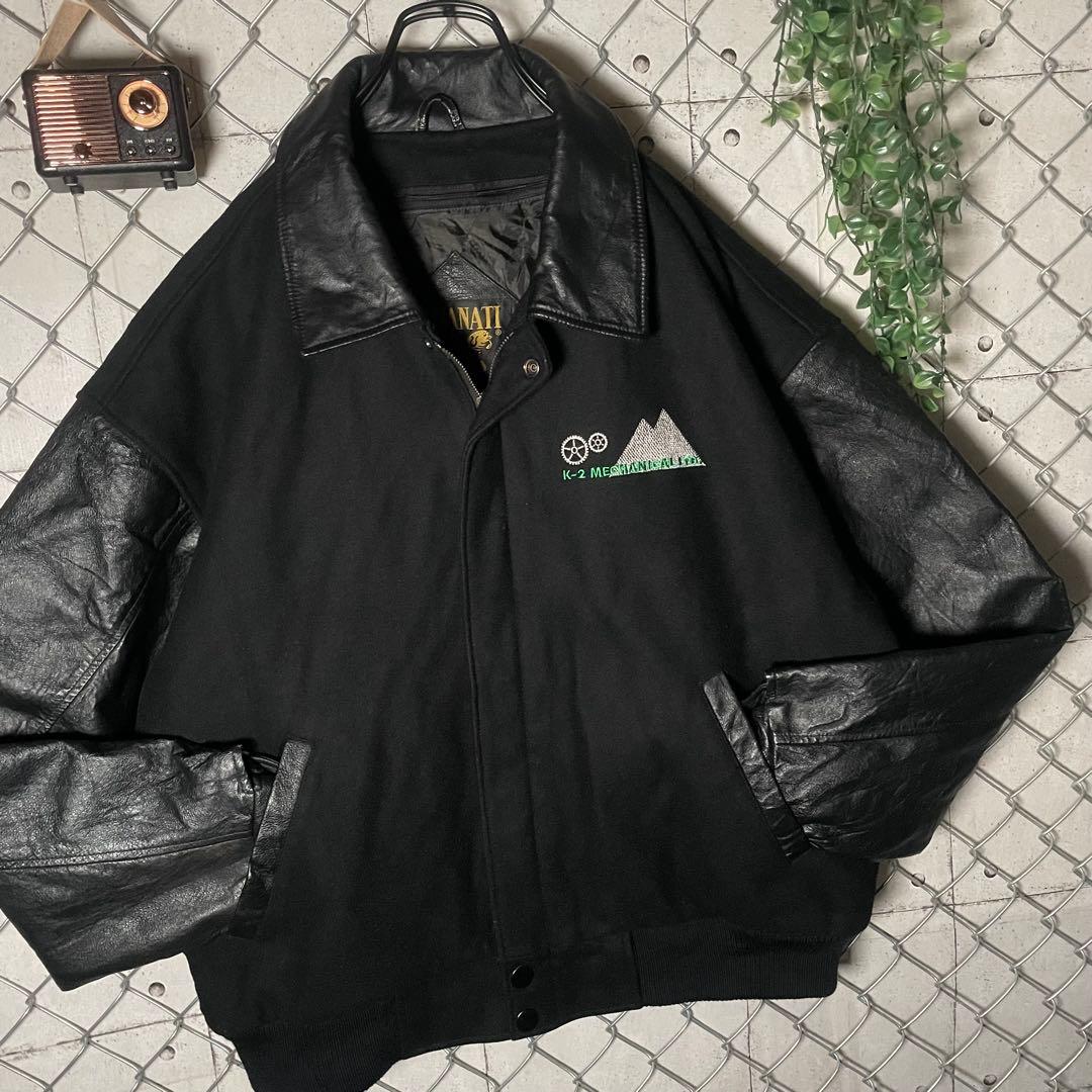 AMANATI アマナティ スタジャン 襟革 本革 企業ロゴ刺繍 黒 L程