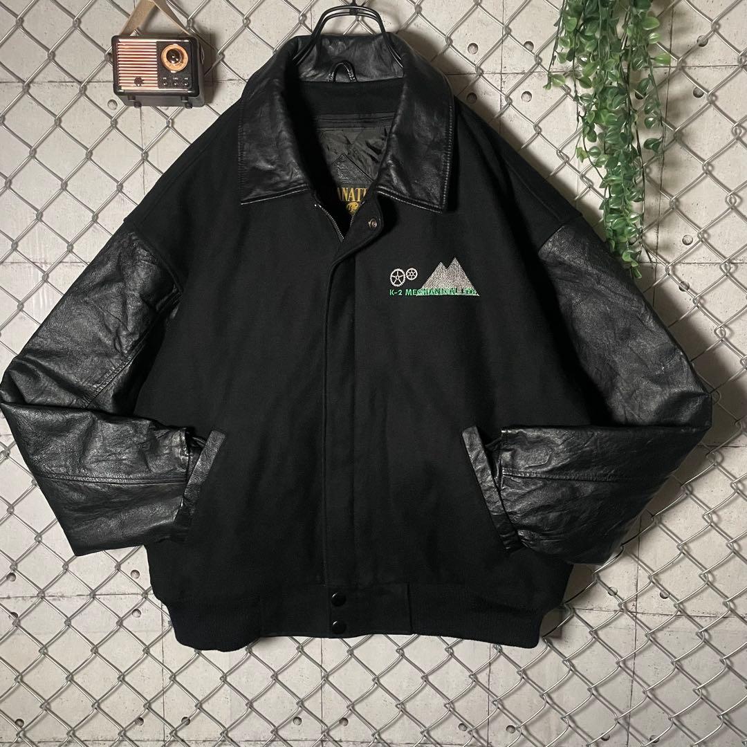 AMANATI アマナティ スタジャン 襟革 本革 企業ロゴ刺繍 黒 L程