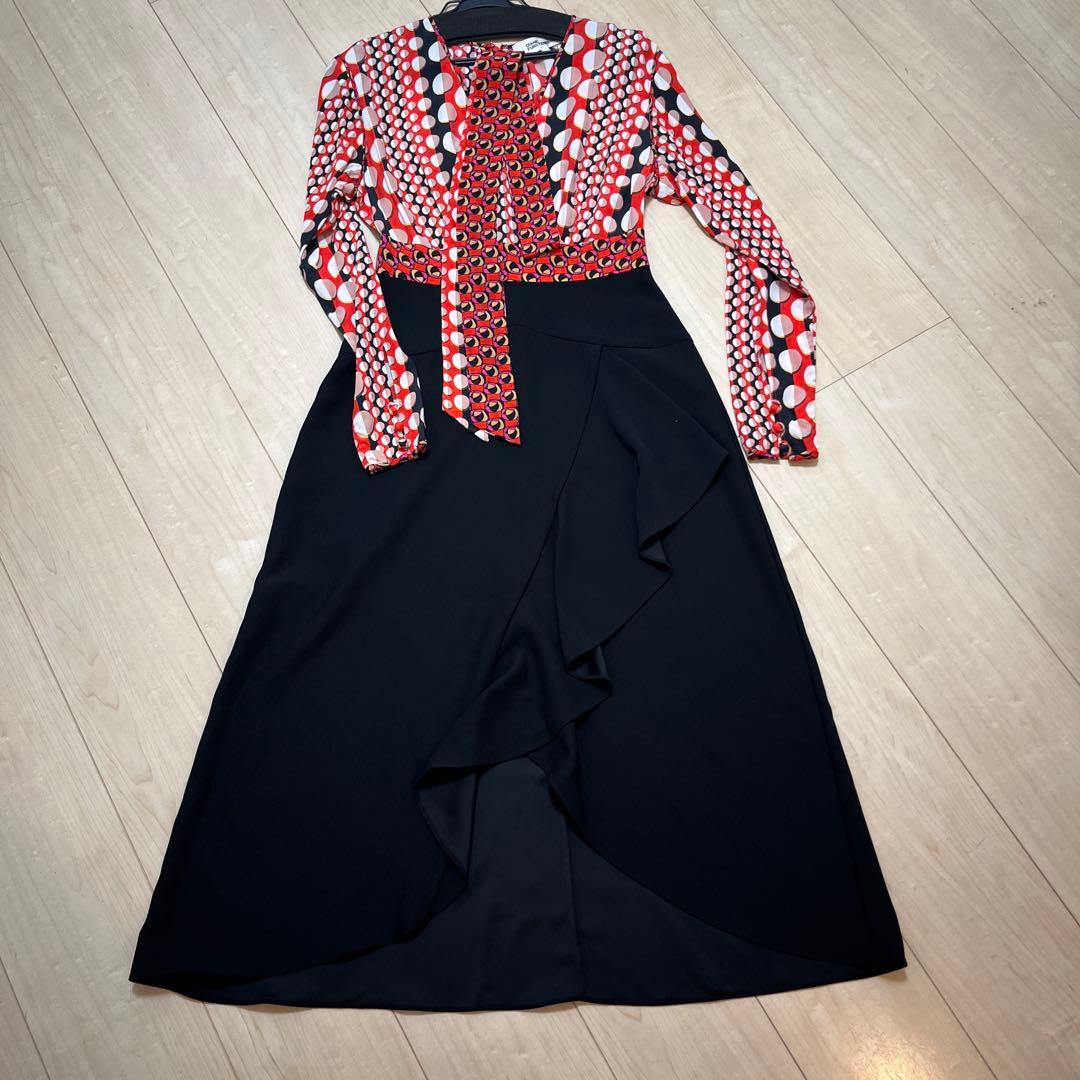 ドット柄ラップ風ドレス 長袖