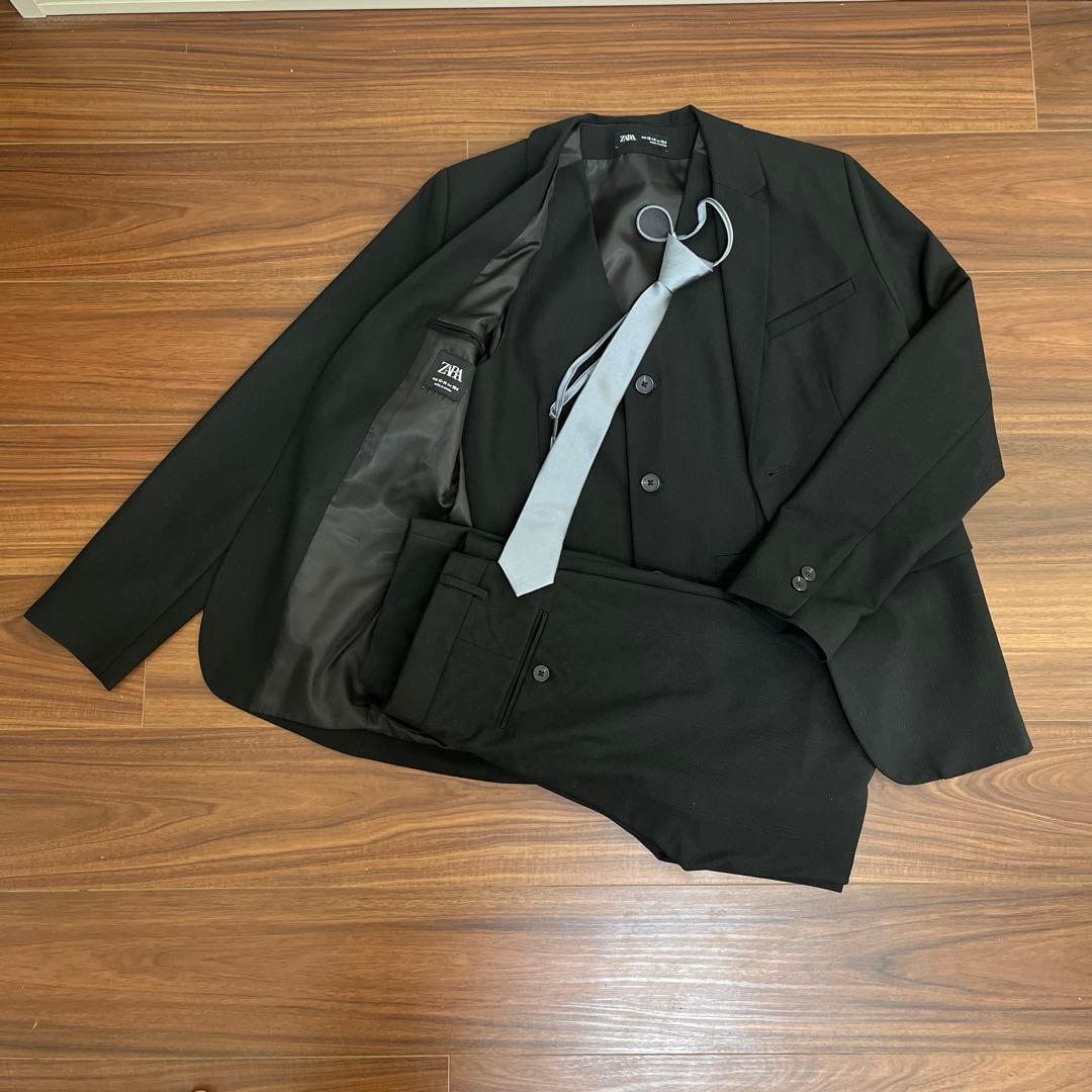 【美品】ZARA ブラックスーツ ベスト ネクタイ付き4点セット