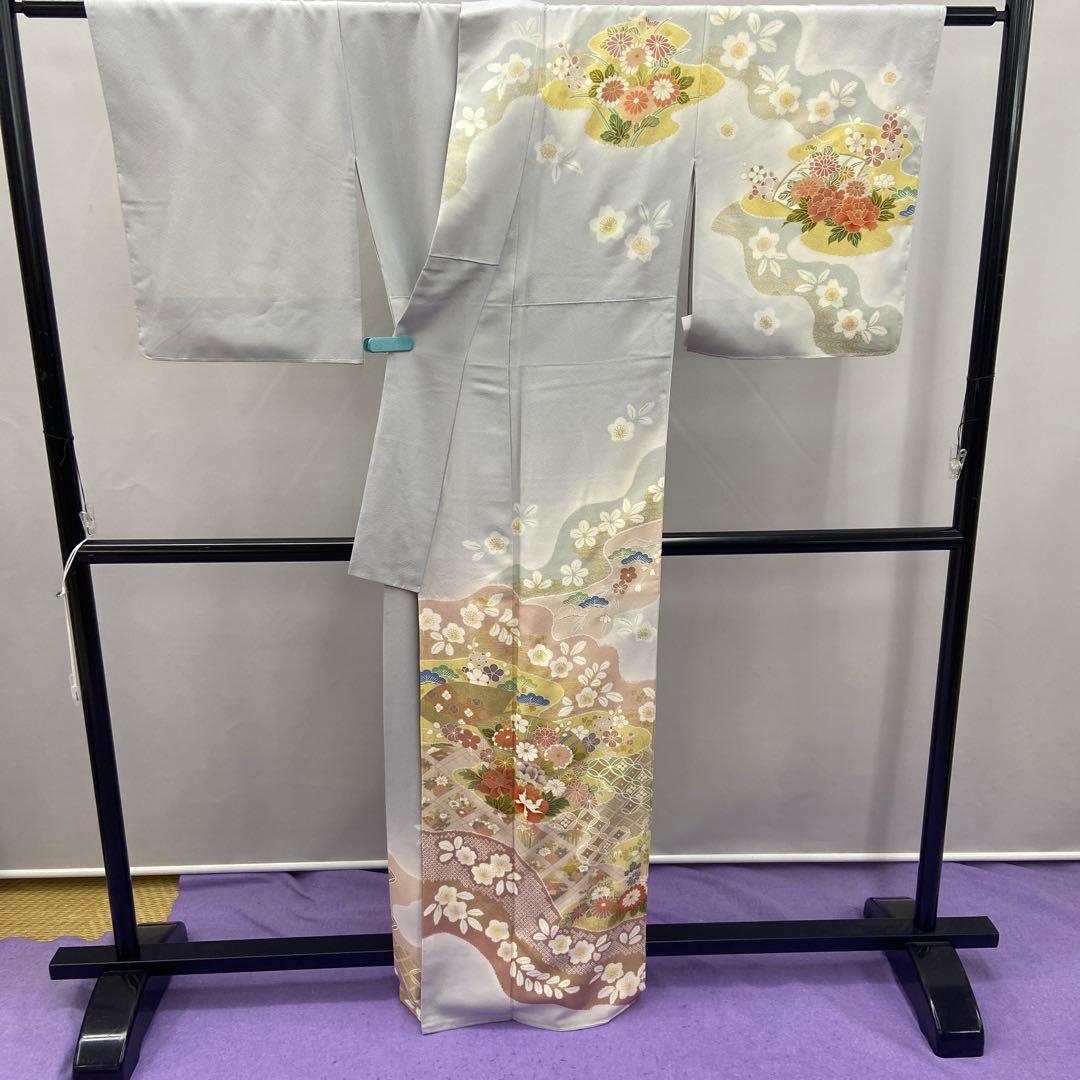 BY5133 未使用品 訪問着 薄いグレー 花柄 扇面 七宝