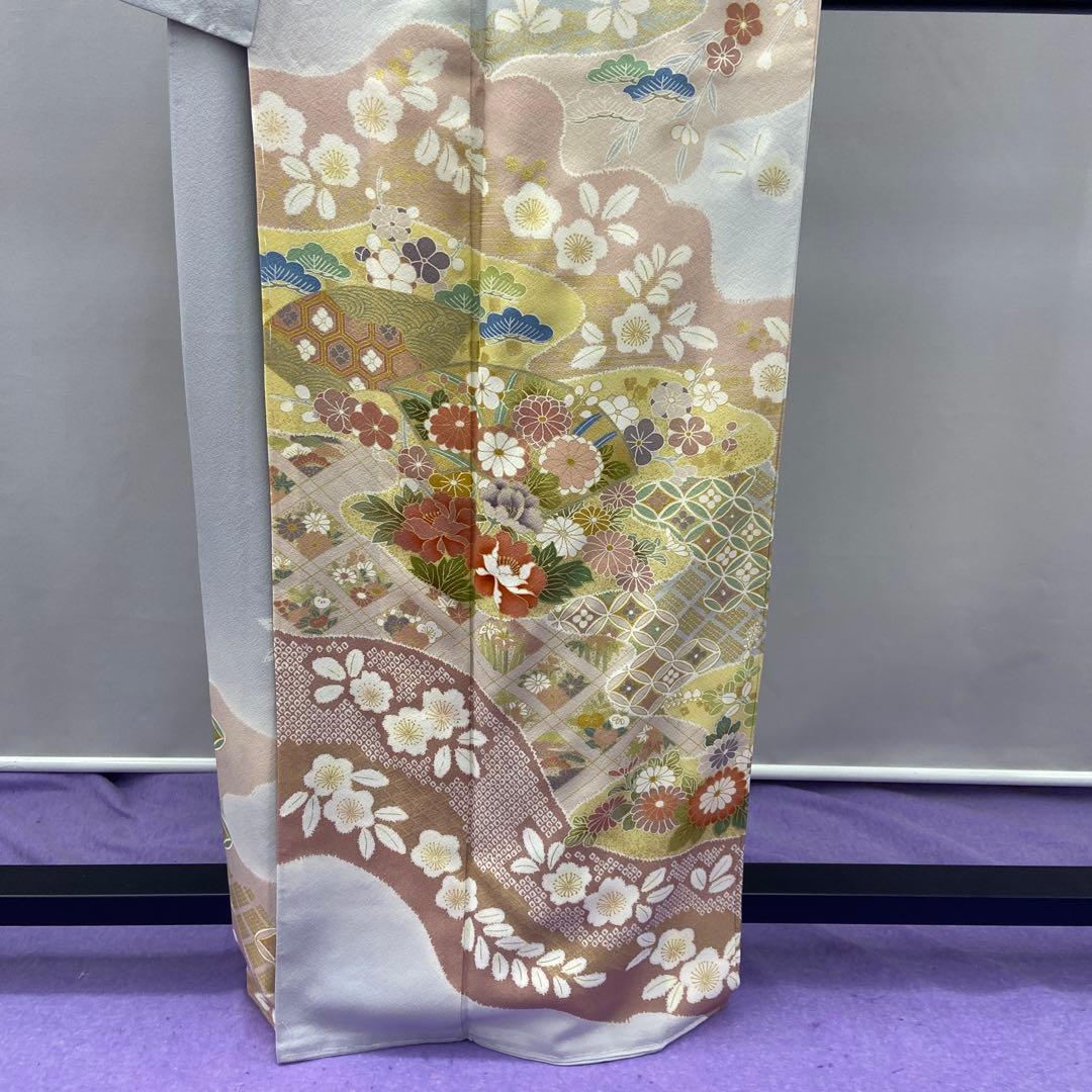 BY5133 未使用品 訪問着 薄いグレー 花柄 扇面 七宝